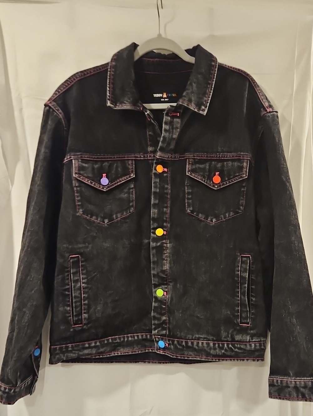 Teddy Fresh Black Washed Denim Jacket with Multicolor Snap Buttons